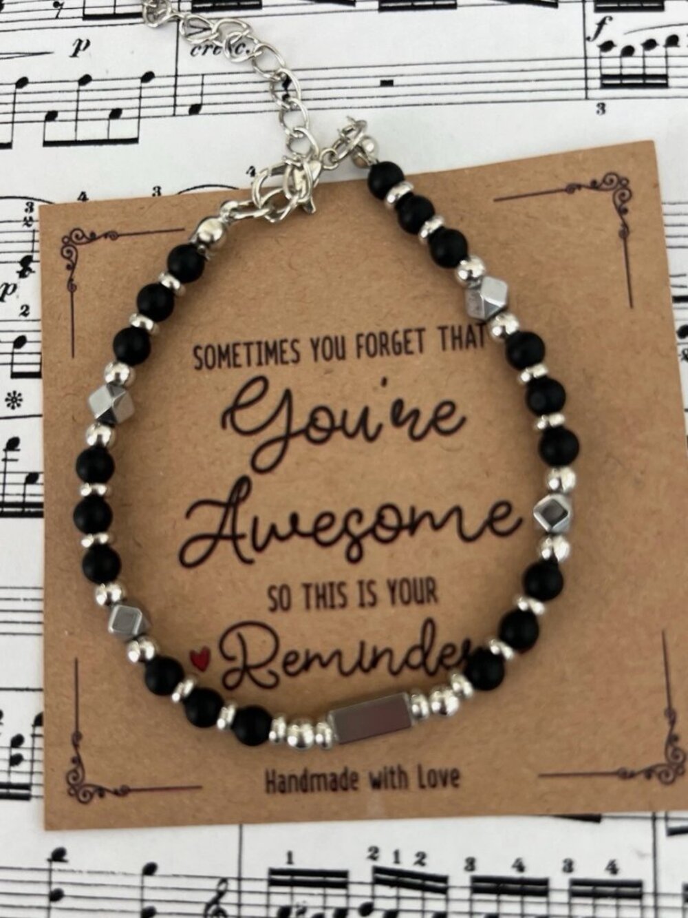 Black Style Beaded Bracelet Silver Tone Adjustable Chain Unisex